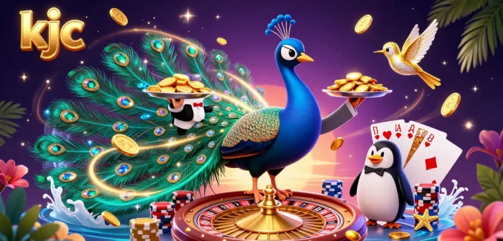 Experience excitement with kjc in a vibrant casino scene featuring a 3D peacock, penguin butler, and flying coins.