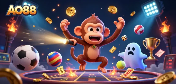 Bet on AO88 with lively 3D characters in a haunted casino environment, showcasing gaming excitement.