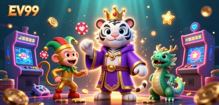 Engage with EV99's thrilling casino experience featuring vibrant game characters and lively elements.