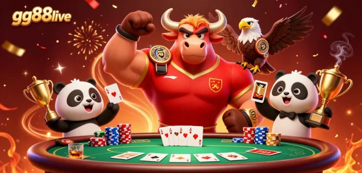 Join the excitement at gg88live with the bull mascot, eagle, and panda celebrating casino triumphs!