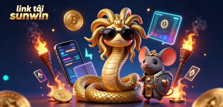 Engage with link tải sunwin in a vibrant 3D illustration featuring an enchanting Medusa and a warrior mouse amid Bitcoin and Ethereum coins.