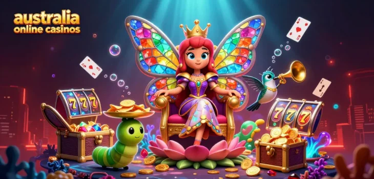 Engage with exceptional australia online casinos featuring a vibrant butterfly queen and animated gaming symbols.