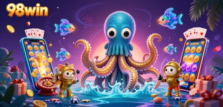 Experience thrilling wins at 98win with a vibrant scene of gaming action featuring a kraken and deep-sea adventure.