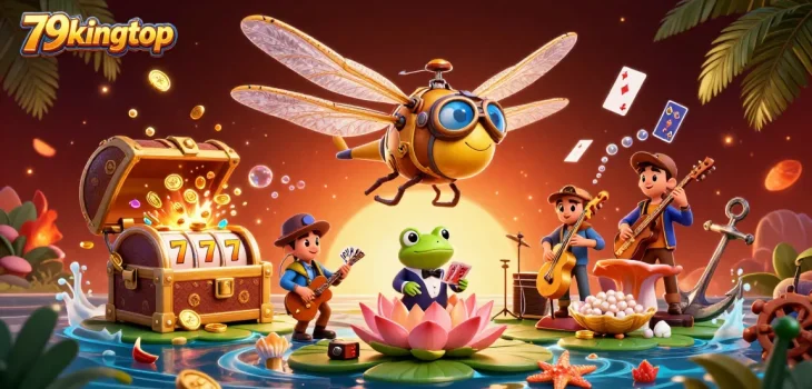 Engage in thrilling gameplay with 79kingtop featuring a lively casino scene with a dragonfly pilot and frog croupier.