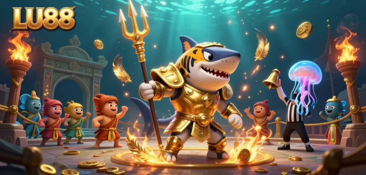 LU88 offers thrilling underwater battles in a vibrant casino-themed scene showcasing a trident-wielding shark.