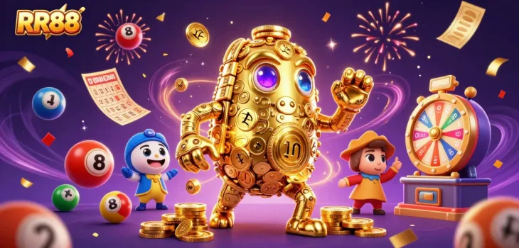 Activate RR88 gaming excitement with a golden golem and lottery elements in dynamic celebration.