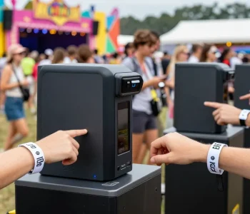 NFC wristbands streamline control de acceso con pulseras at a vibrant festival.