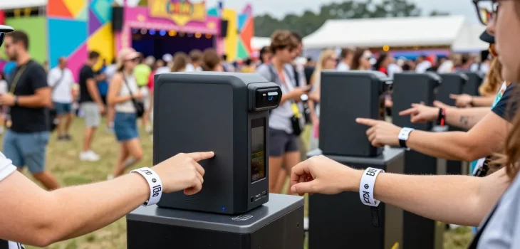 NFC wristbands streamline control de acceso con pulseras at a vibrant festival.