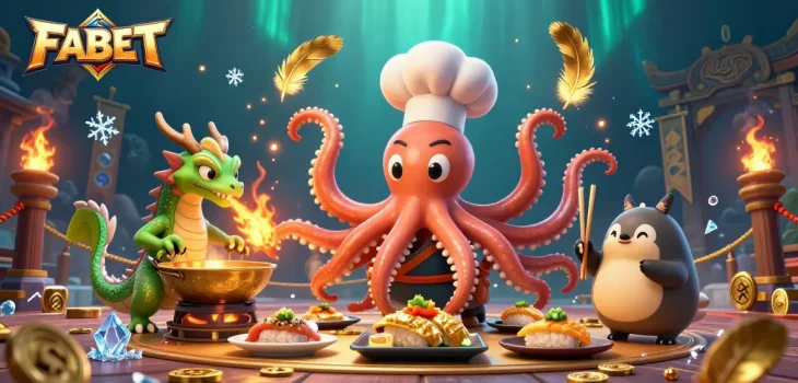 Bet big with FABET at a vibrant casino scene featuring colorful characters and gold coins.