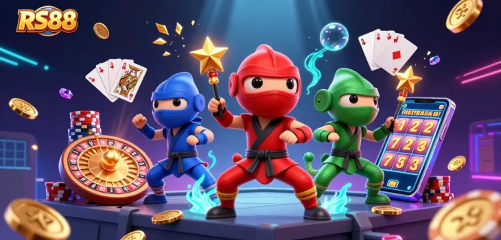 RS88's captivating ninja chameleon team showcases thrilling casino action with a 3D roulette wheel and cascading treasures.