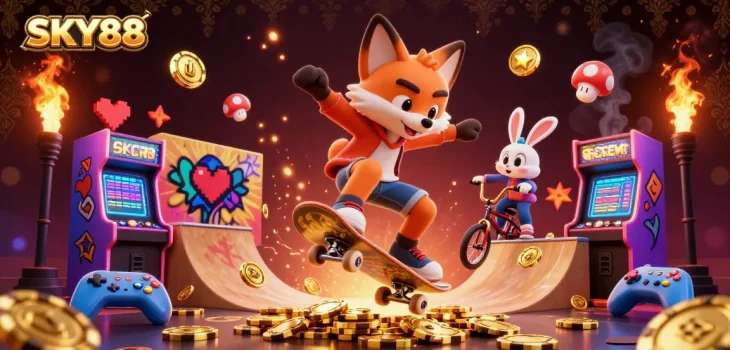 Experience thrilling gaming action at SKY88 with a vibrant 3D casino illustration showcasing fun characters and casino elements.