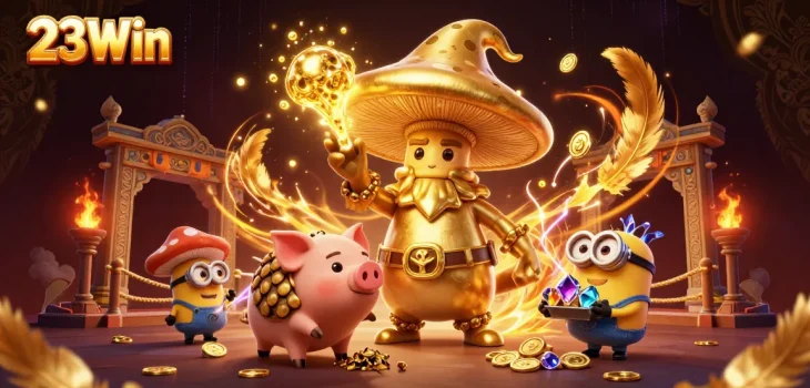 Experience the thrill of gambling at 23Win with vibrant characters and rich casino elements.