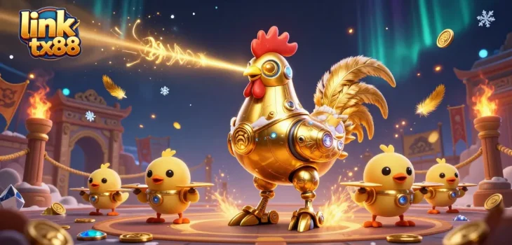 Engage with the immersive world of link tx88, featuring a golden rooster robot amidst dynamic casino elements and betting tokens.