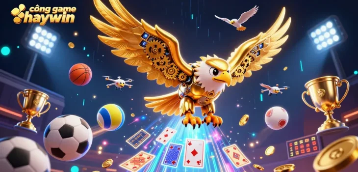 Experience the excitement at cổng game haywin with a thrilling scene of a diving golden eagle amidst vibrant sports elements.