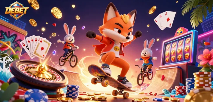 DEBET showcases a vibrant 3D scene of a skateboard fox and BMX rabbit with casino elements.
