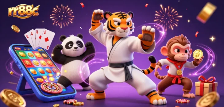 Win big at rr88c with this lively scene showcasing a kung fu tiger, panda, and monkey amid exciting casino elements.