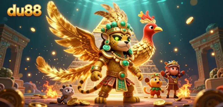 Engage with du88 in this vibrant casino scene featuring a Mayan jaguar priest and quetzal bird.