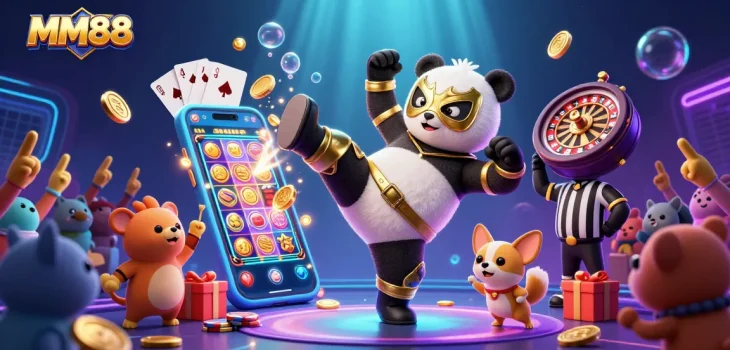 Experience the excitement of MM88 with a vibrant scene featuring a panda wrestler and decorative casino elements.