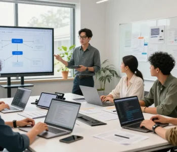 Team building internal tools with AI in a collaborative tech workspace, showcasing innovative ideas and teamwork.