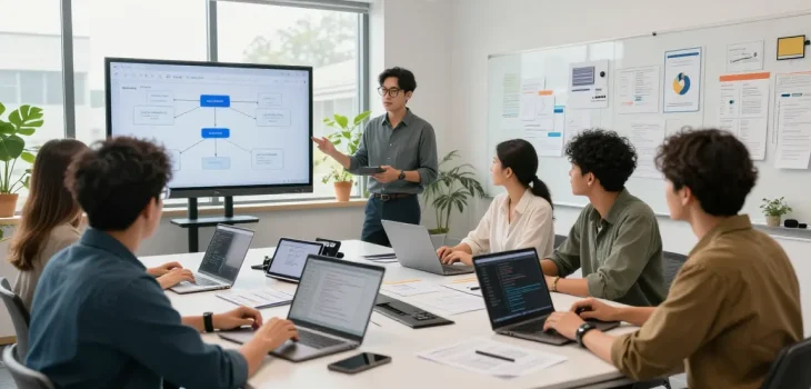 Team building internal tools with AI in a collaborative tech workspace, showcasing innovative ideas and teamwork.
