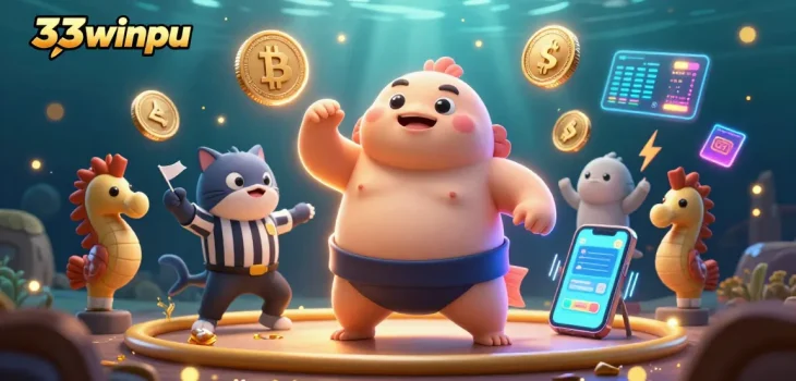 Engage with the underwater casino scene featuring 33winpu, a fugu sumo wrestling amidst crypto-themed elements.