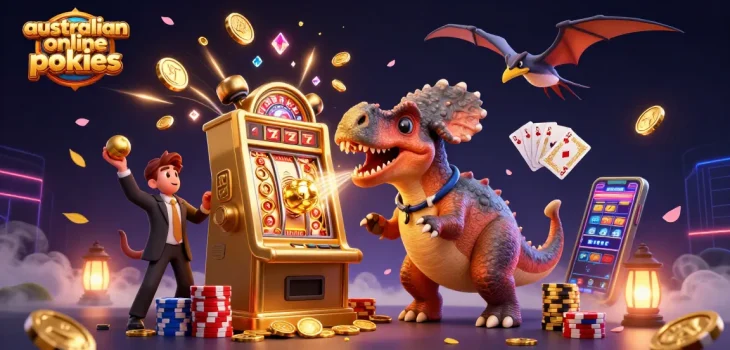 australian online pokies illustrating a vibrant casino scene with dinosaurs and golden jackpot coins