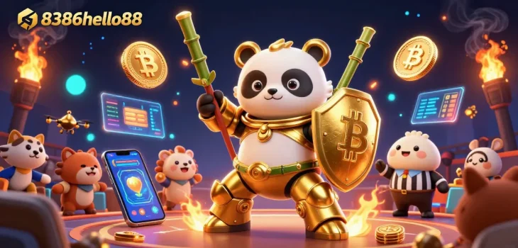 Experience thrilling action with 8386hello88 in a vibrant 3D casino battle illustration.