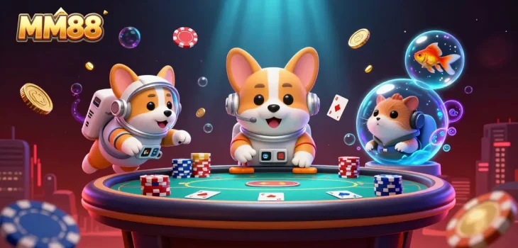 Feel the excitement with MM88 as cartoon characters navigate a vibrant casino atmosphere full of floating poker elements.