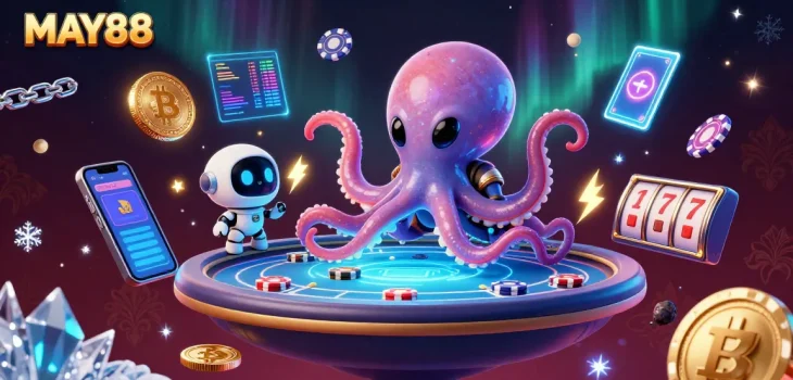 MAY88 showcases a vibrant 3D casino scene featuring an alien octopus and crypto elements.