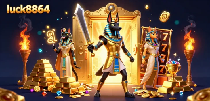 Spin towards fortune with luck8864's enchanting casino world featuring Anubis and treasures.