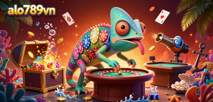 Experience thrilling gameplay at alo789vn with a chameleon casino owner capturing golden coins in a vibrant, dynamic scene.