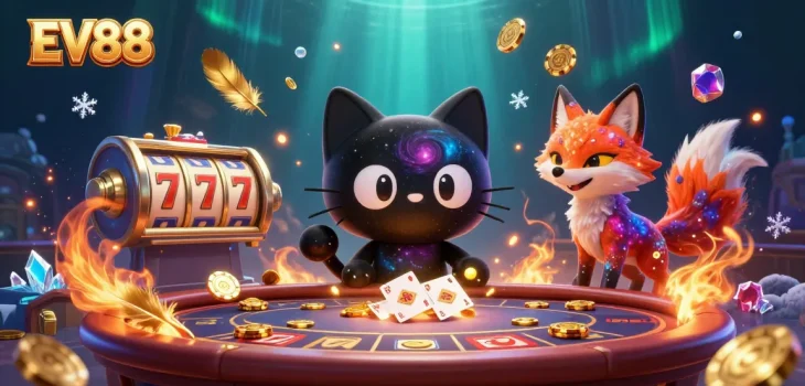 Join the excitement of EV88 with a charismatic black hole cat pulling in golden chips at a cosmic casino.