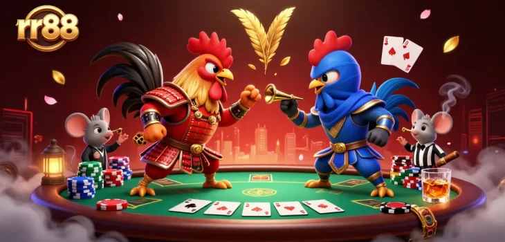 Experience the thrill at rr88 with a dramatic standoff of cartoon roosters in a lively casino scene featuring poker elements.